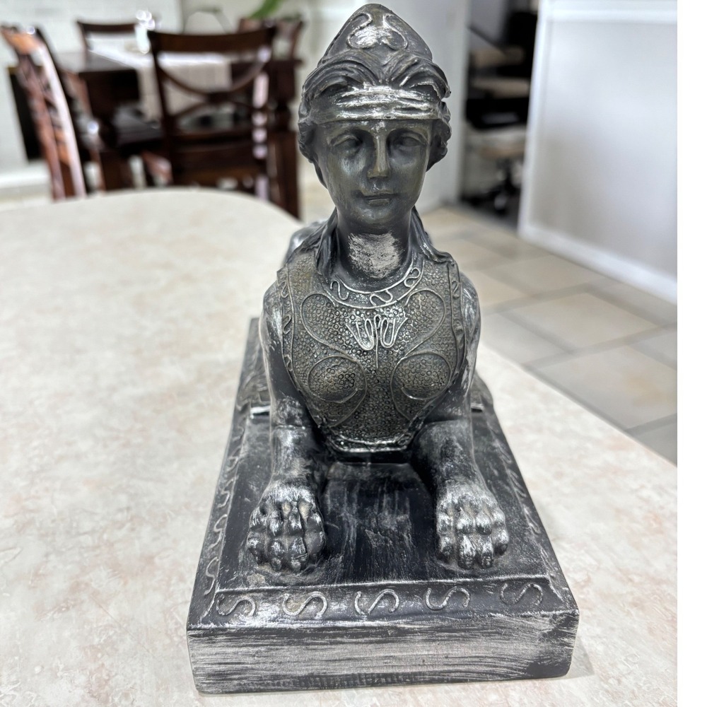 Vintage Style Greek Sphinx Statue Silver Black Mythical Creature Decor Sculpture